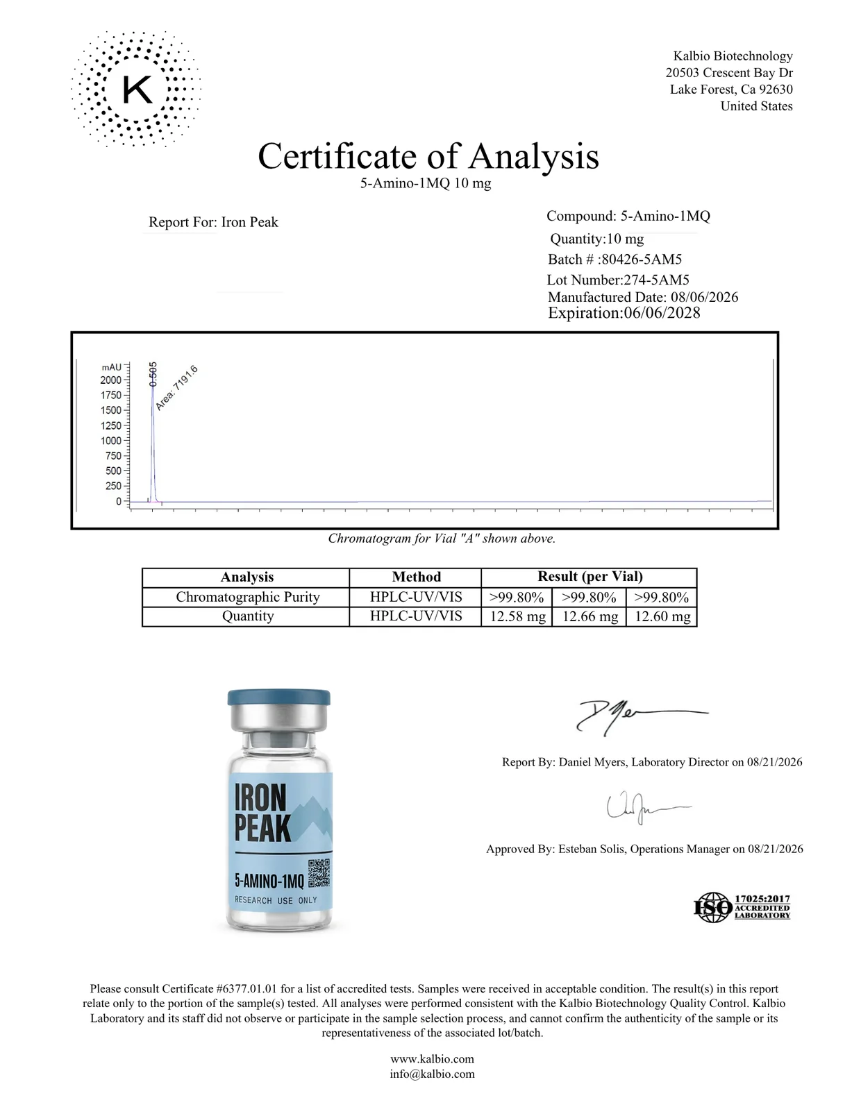 Certificate of analysis for 5-AMINO-1MQ 10mg, page 1