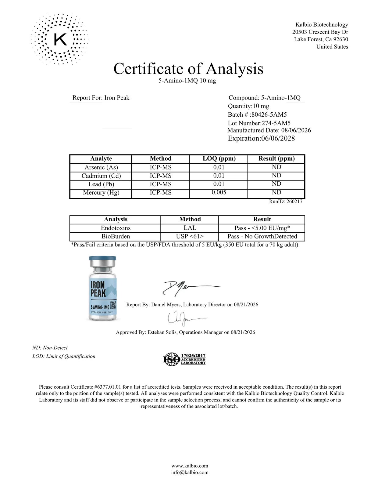 Certificate of analysis for 5-AMINO-1MQ 10mg, page 2