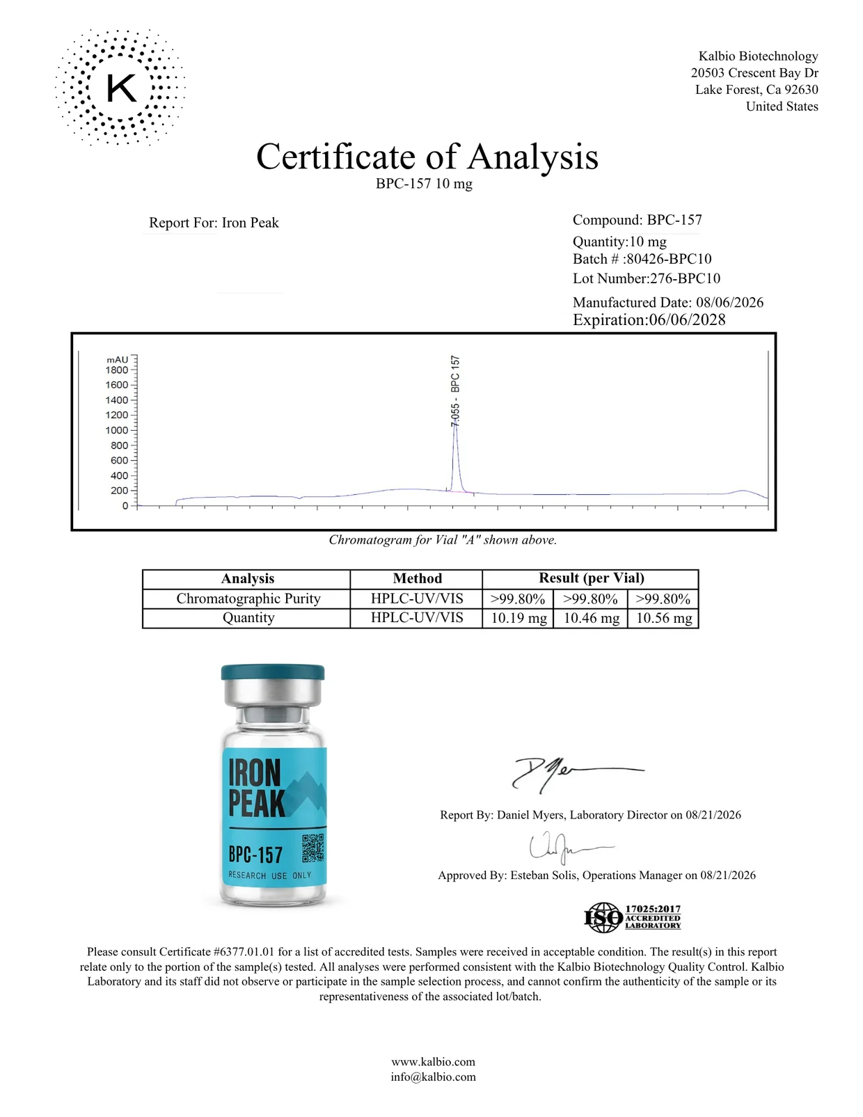 Certificate of analysis for BPC-157 10mg, page 1
