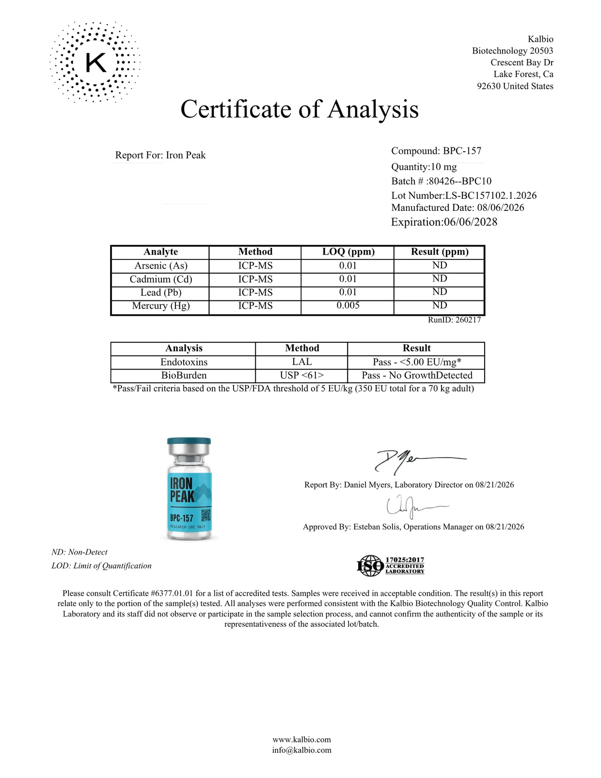 Certificate of analysis for BPC-157 10mg, page 2