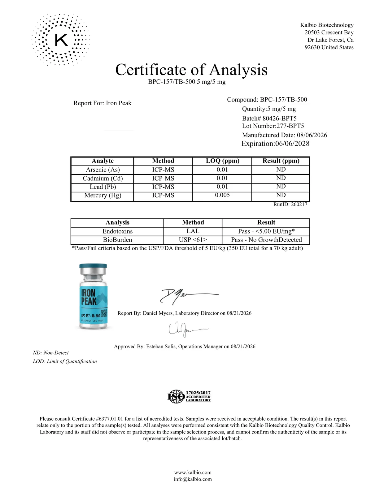 Certificate of analysis for BPC-157 + TB-500 Blend 10mg (5+5), page 2