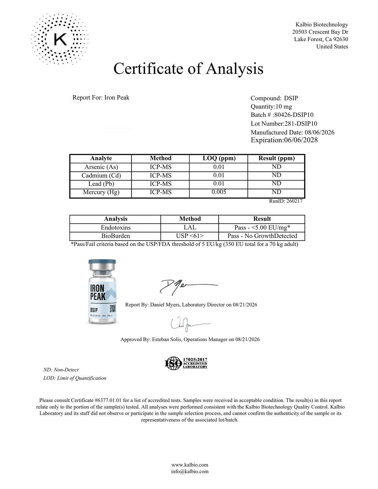 Certificate of analysis for DSIP 10mg, page 2