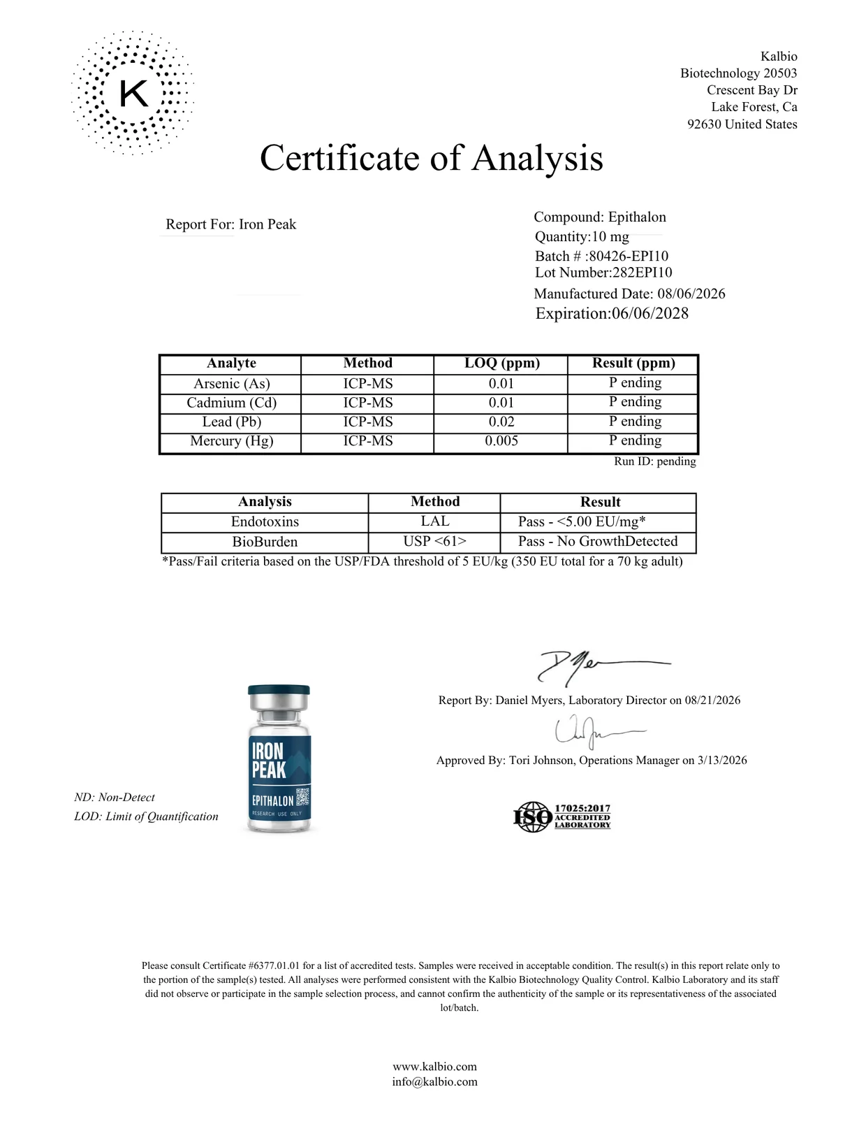 Certificate of analysis for Epithalon 10mg, page 2