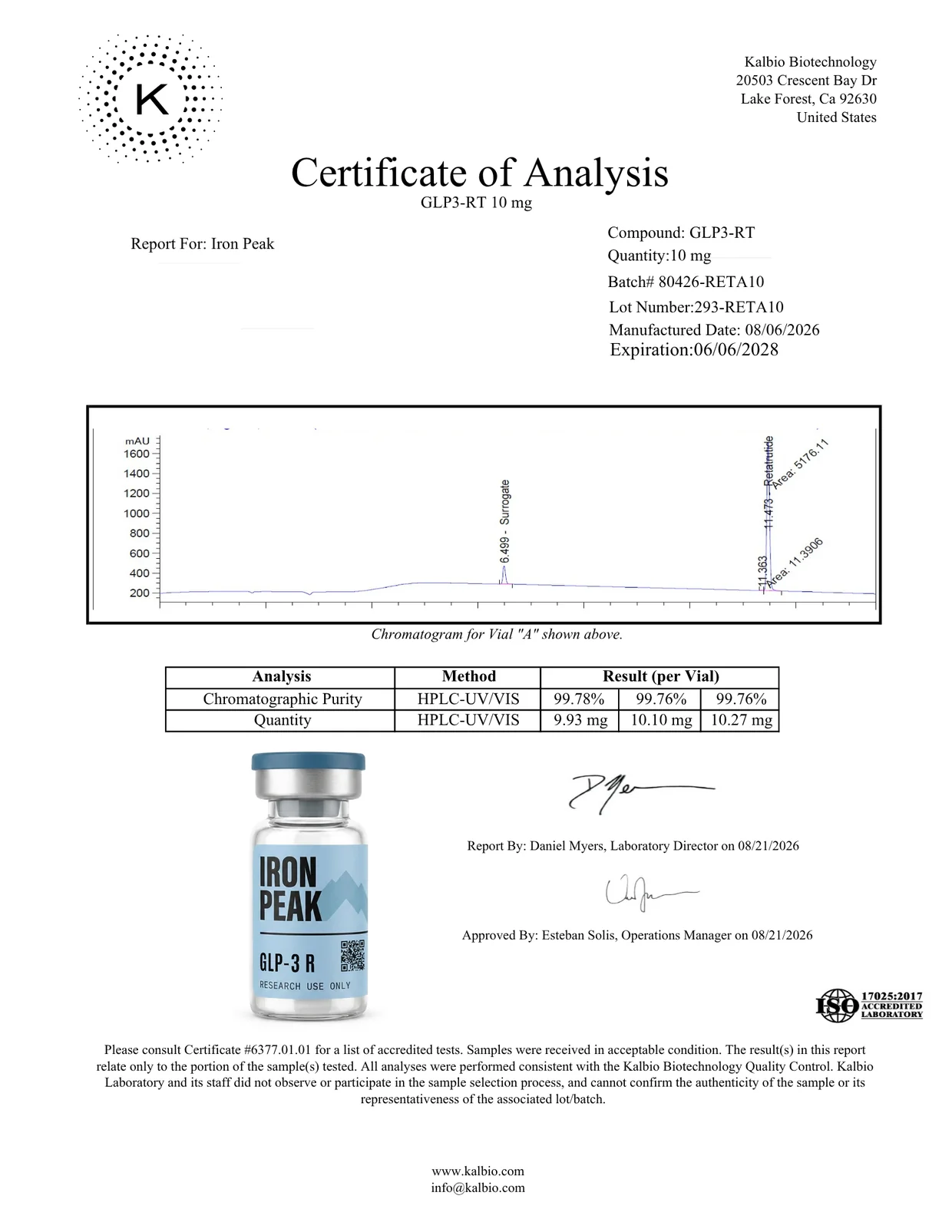 Certificate of analysis for GLP-3 R 10mg, page 1