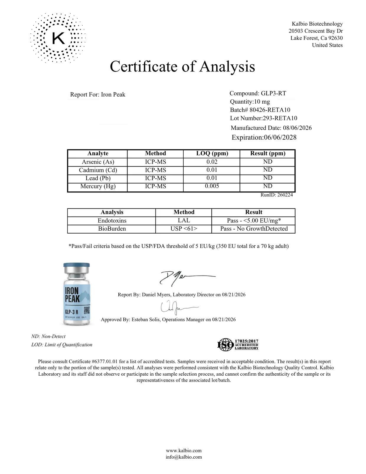Certificate of analysis for GLP-3 R 10mg, page 2