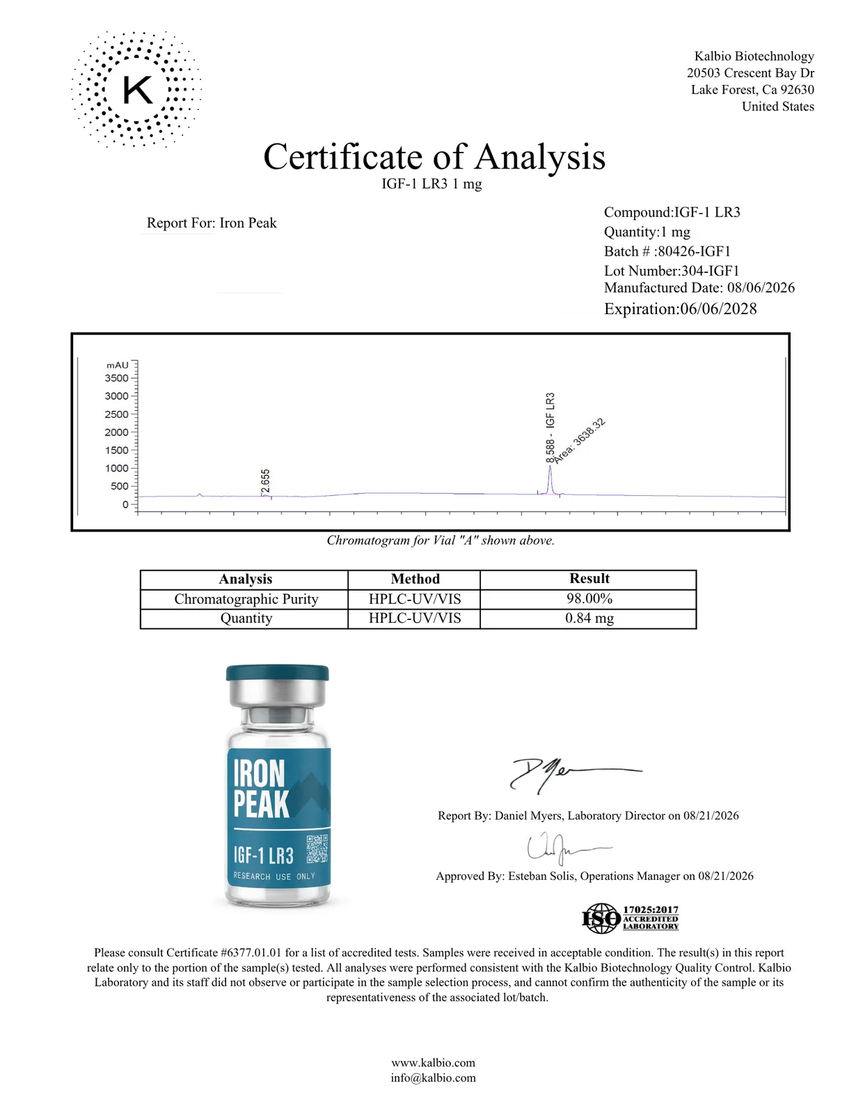 Certificate of analysis for IGF-1 LR3 1mg, page 1