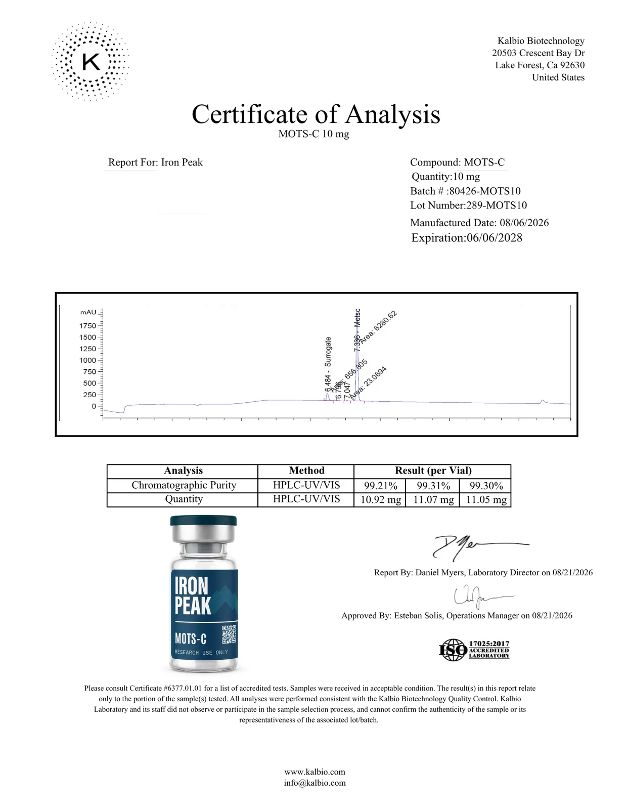 Certificate of analysis for MOTS-c 10mg, page 1