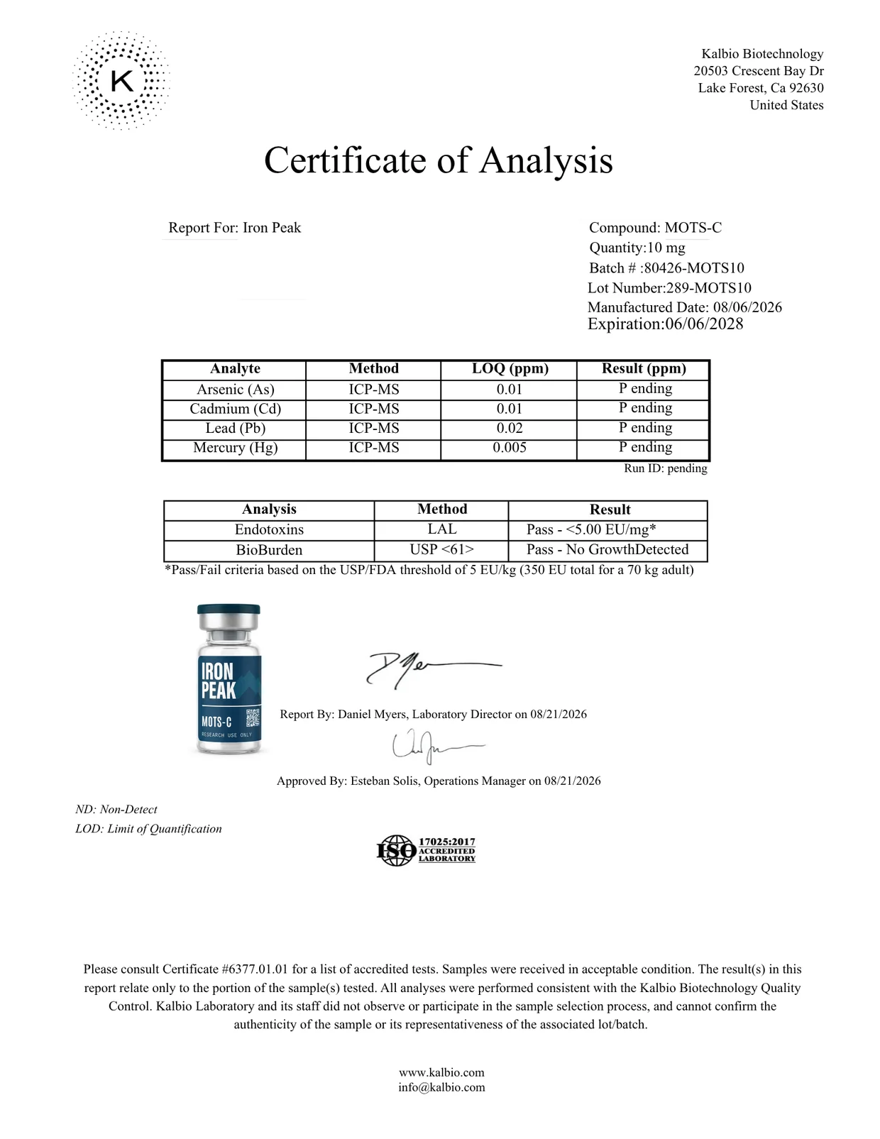 Certificate of analysis for MOTS-c 10mg, page 2
