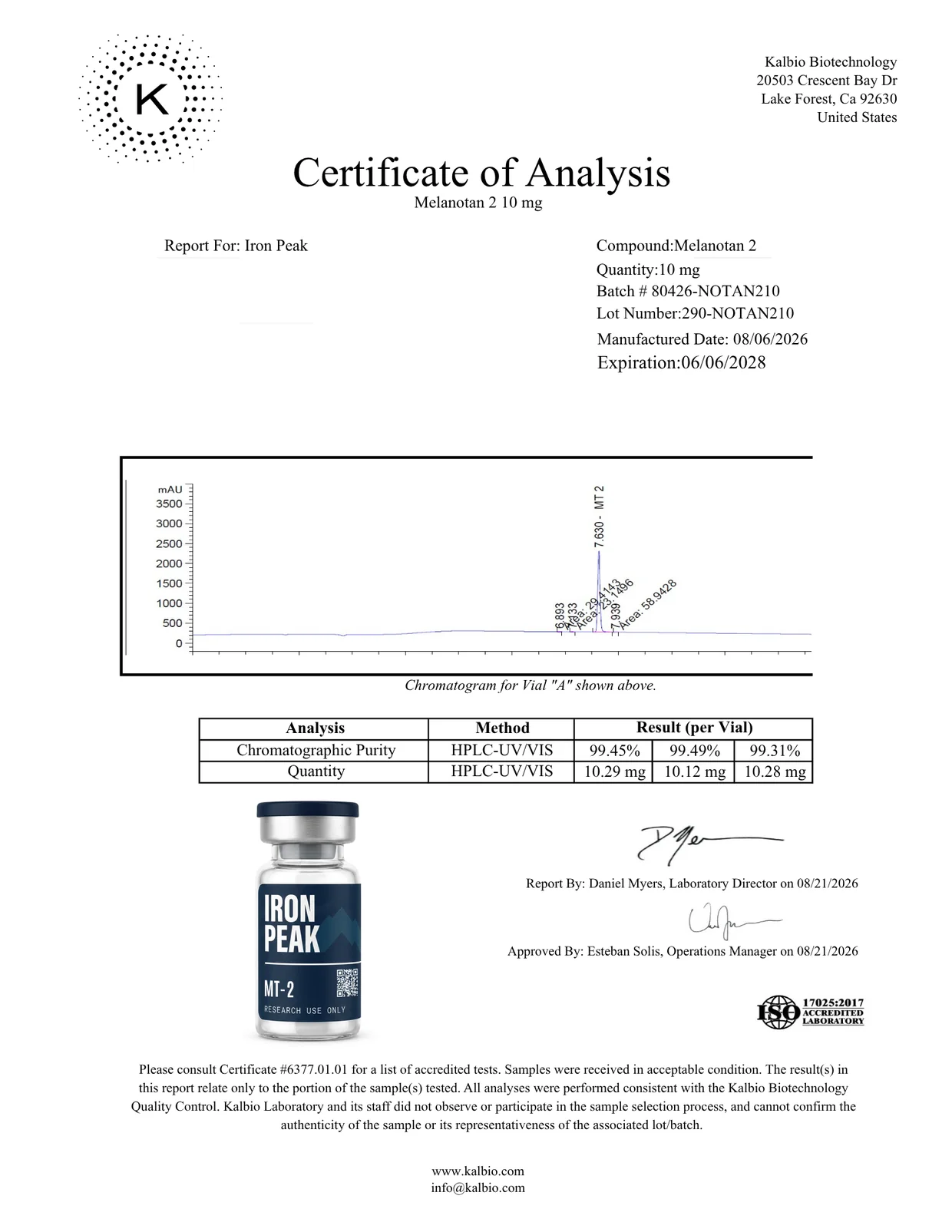 Certificate of analysis for MT-2 (Melanotan II) 10mg, page 1