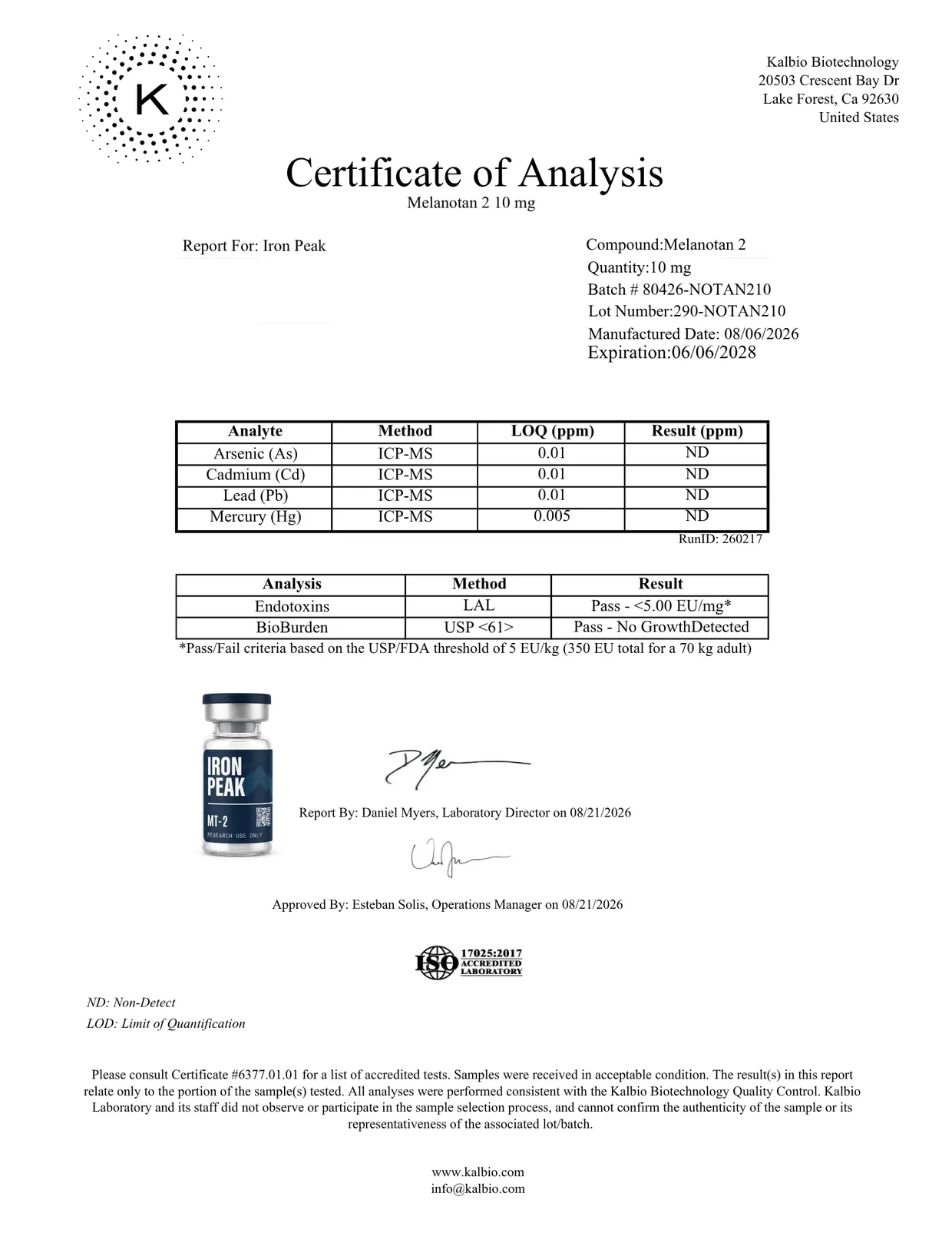 Certificate of analysis for MT-2 (Melanotan II) 10mg, page 2