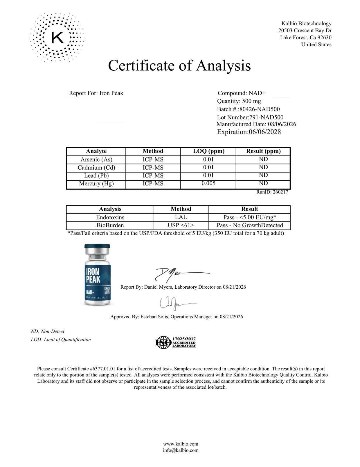 Certificate of analysis for NAD+ 500mg, page 2
