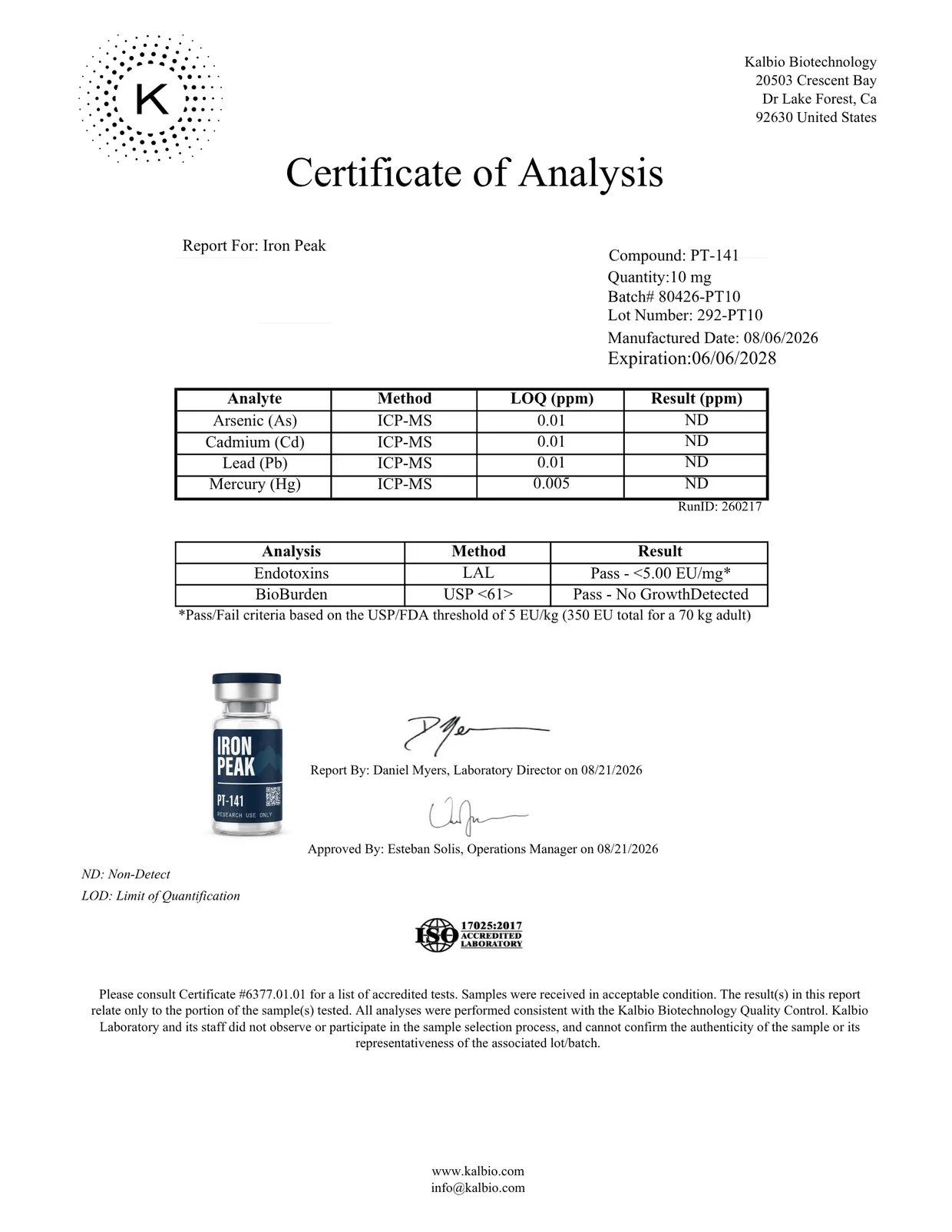 Certificate of analysis for PT-141 10mg, page 2