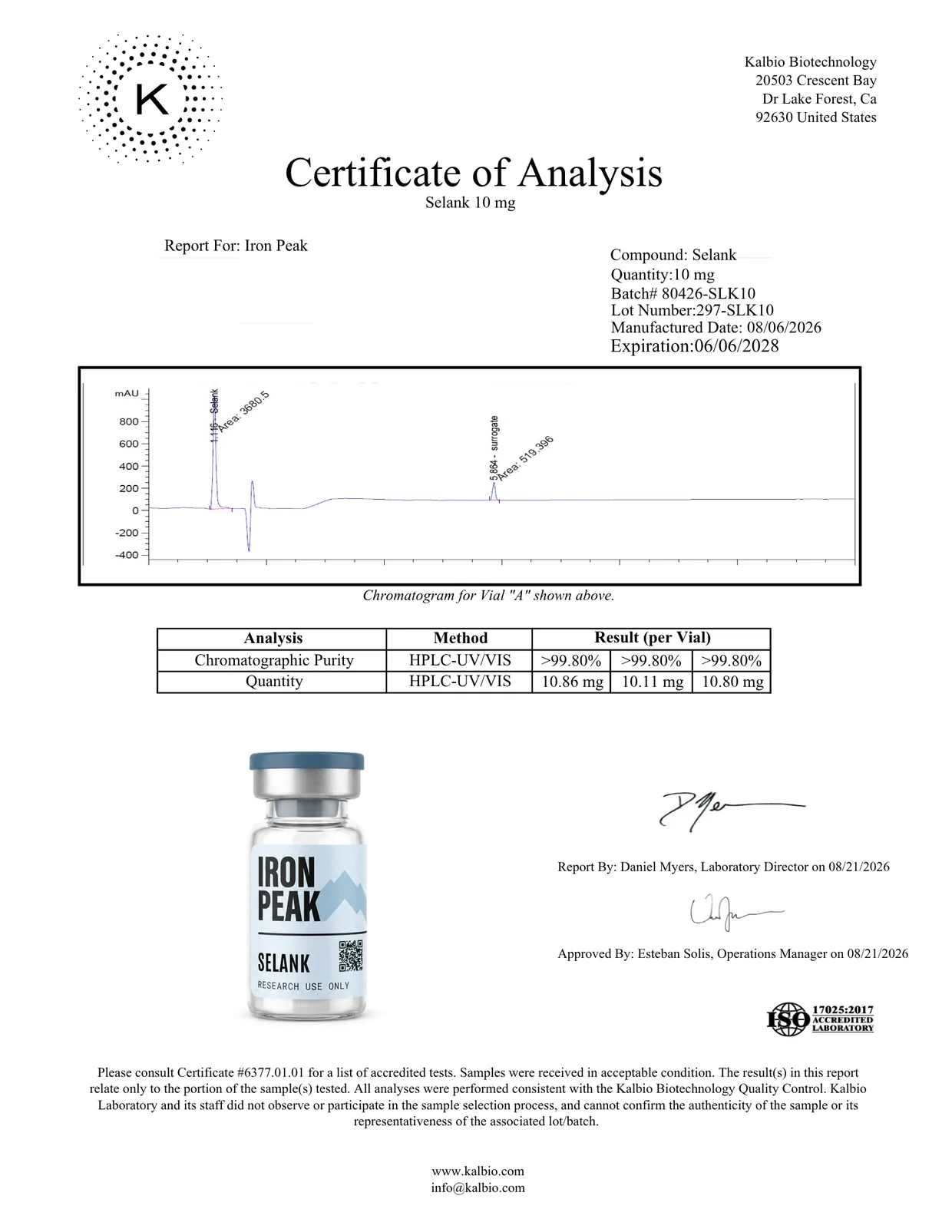 Certificate of analysis for Selank 10mg, page 1