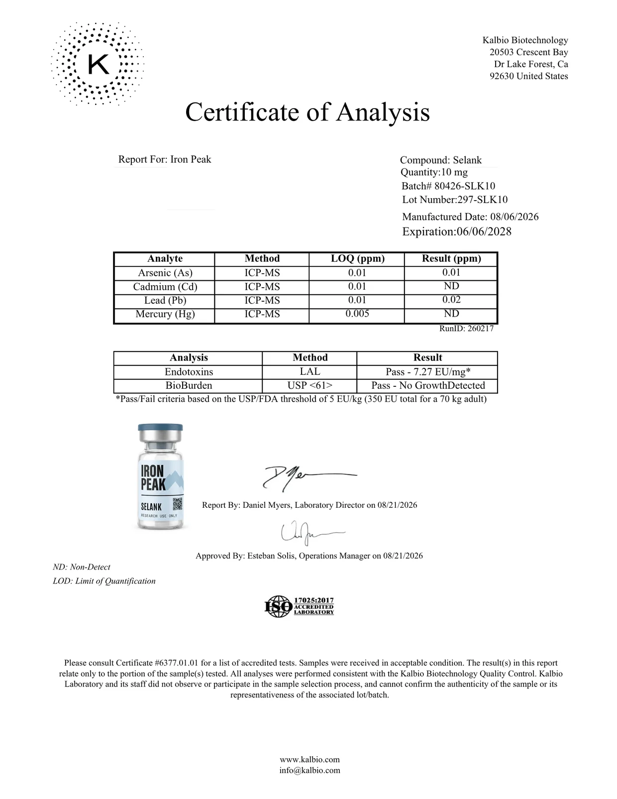Certificate of analysis for Selank 10mg, page 2