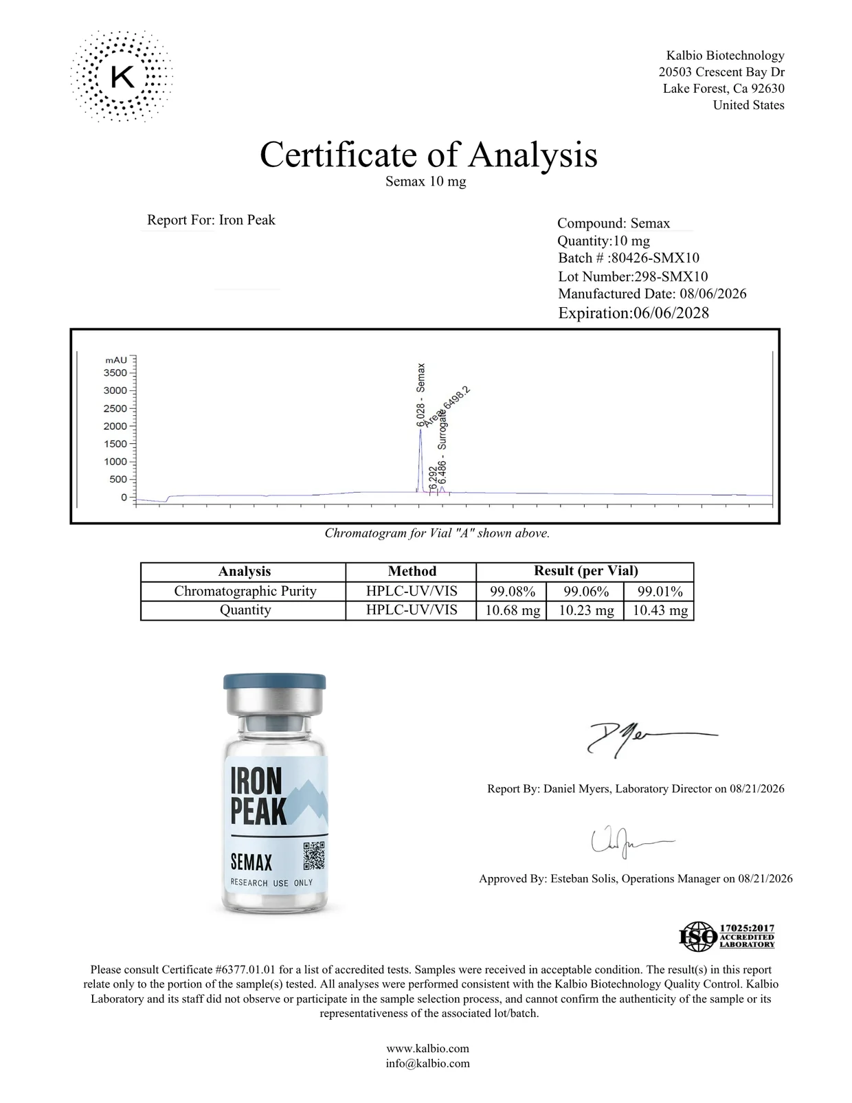 Certificate of analysis for Semax 10mg, page 1