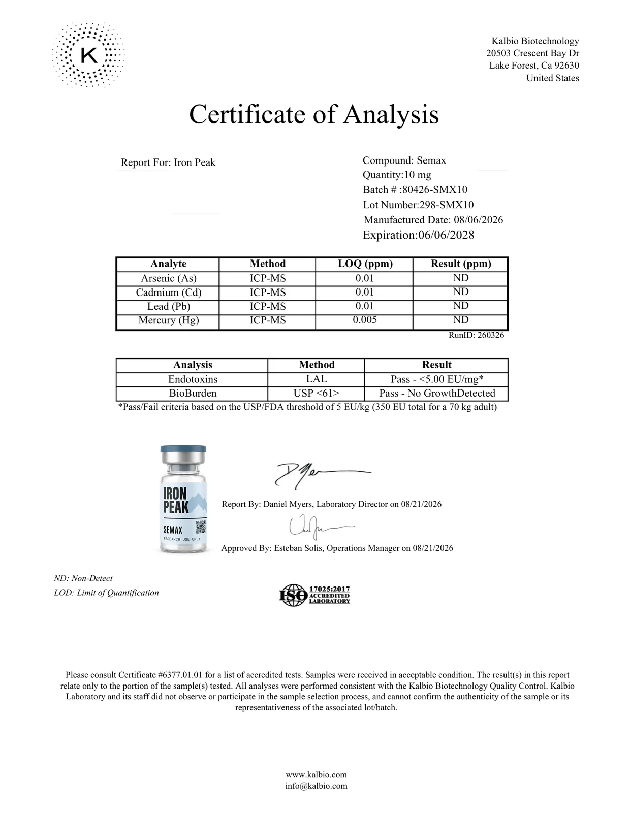 Certificate of analysis for Semax 10mg, page 2