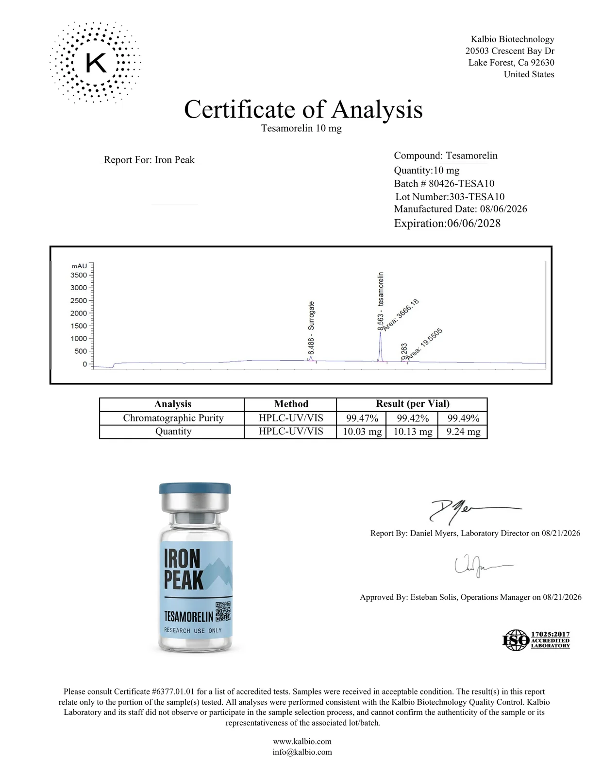 Certificate of analysis for Tesamorelin 10mg, page 1