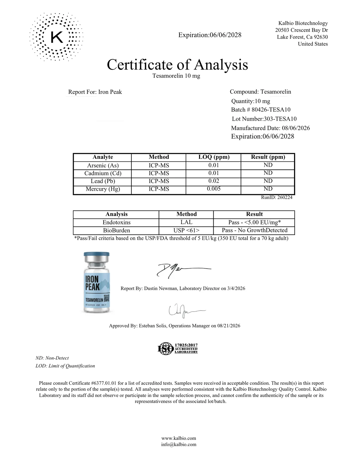 Certificate of analysis for Tesamorelin 10mg, page 2