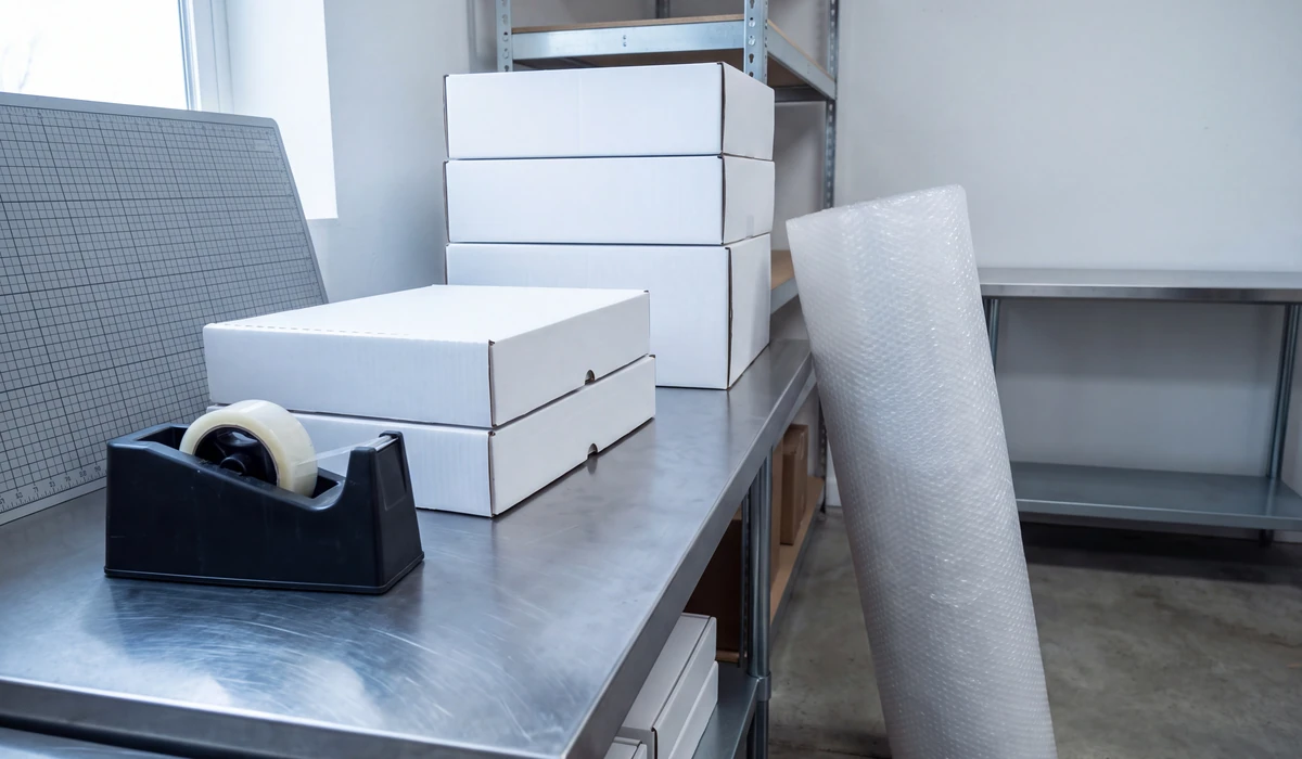 Packing bench — plain mailers, tape and a cold steel work surface
