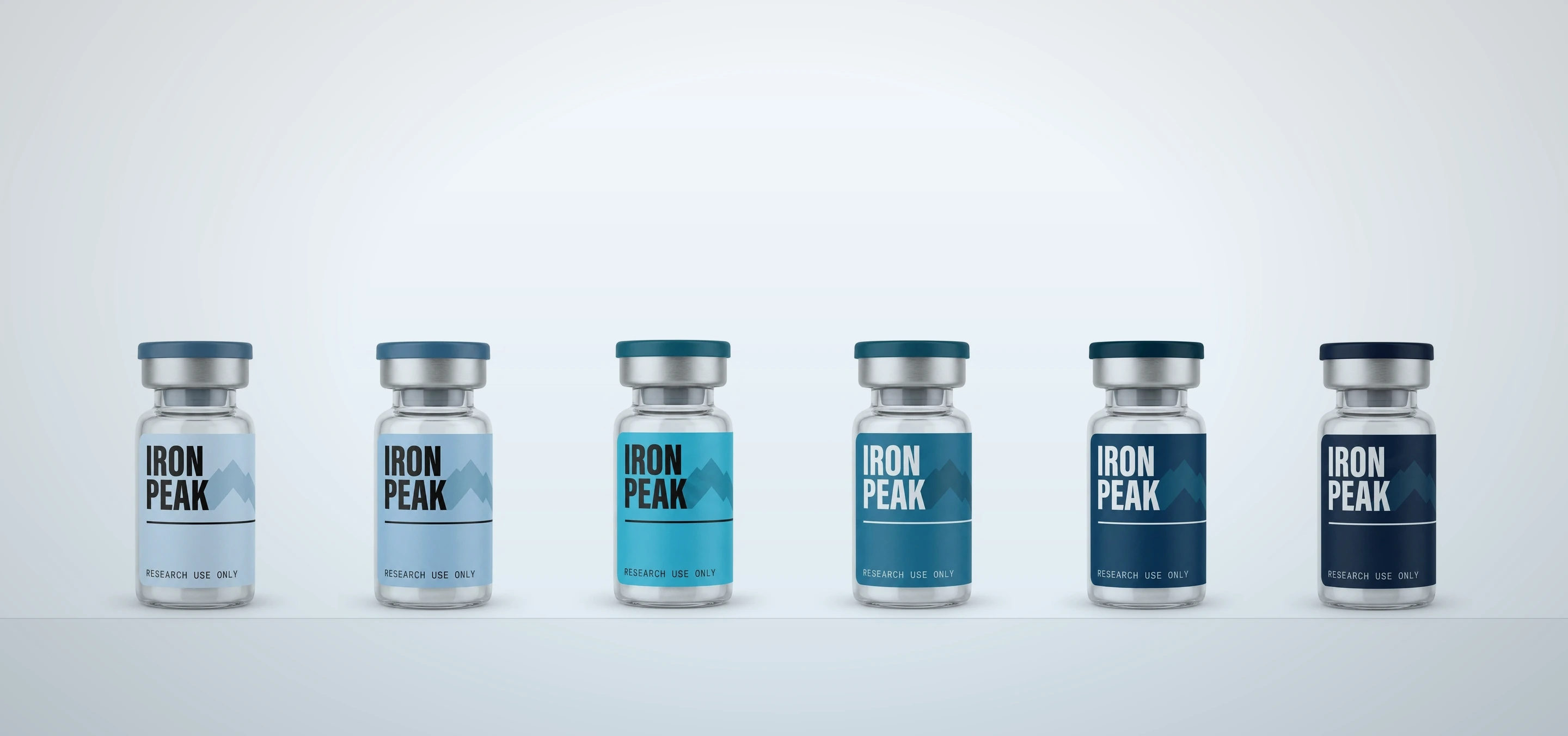 Router hero — six vials in glacier order, overhead, cold light